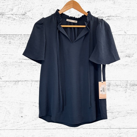 Black Tape Blue Flutter Sleeve Tie Front Blouse - Picture 1 of 5